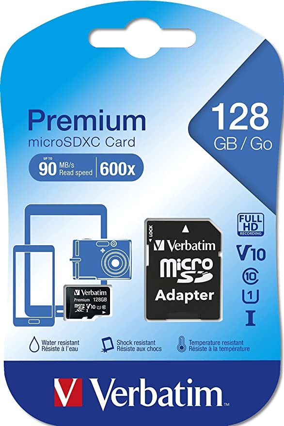 Verbatim 128GB 90MB/S MICROSD Class 10 (Inc Adaptor)